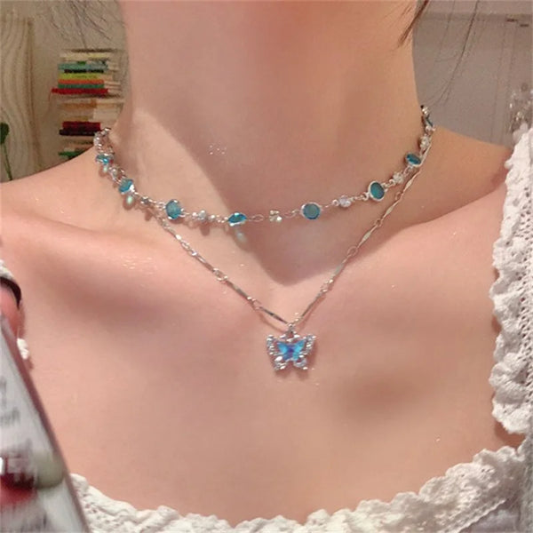 Romantic Blue Crystal Butterfly Necklace for Women