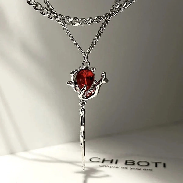 Y2K Double Layer Red Zircon Rose Pendant Necklaces